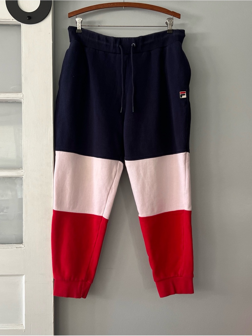 FILA France Men's L Colorblock Navy White Red Fleece Jogger Pants Gym Running